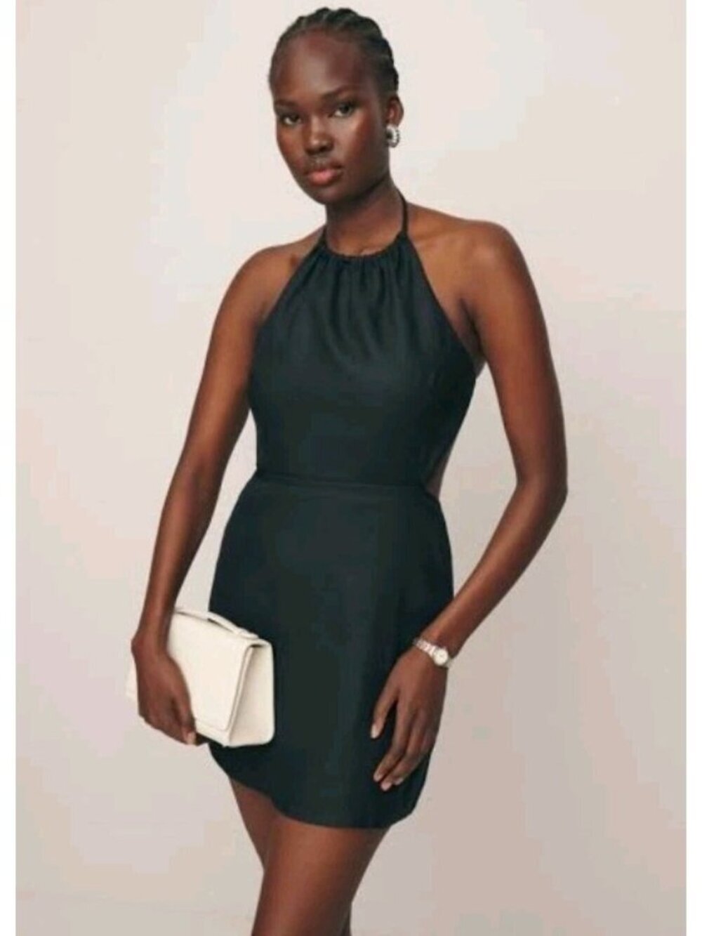 Reformation Mabli Linen Dress Black Halter Mini Size 6 Crisscross Back Pockets